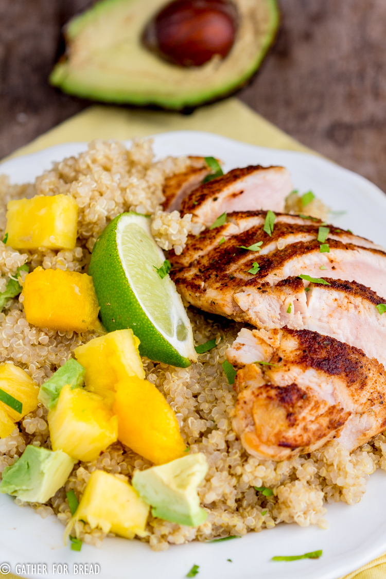 Blackened Chicken Quinoa Salad Pineapple Mango Avocado -  Quinoa, skillet cooked chicken freshly chopped mango, avocado and pineapple with homemade vinaigrette. This healthy nutritious meal leaves you full and it's so good for you!