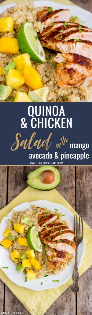 Blackened Chicken Quinoa Salad Pineapple Mango Avocado – Quinoa, skillet cooked chicken freshly chopped mango, avocado and pineapple with homemade vinaigrette. This healthy nutritious meal leaves you full and it’s so good for you!