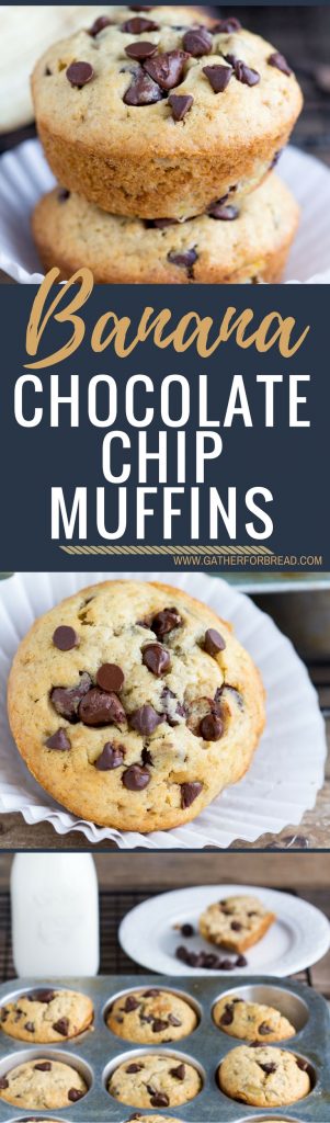 Banana Chocolate Chip muffins - Bakery style Homemade muffins. Perfect for breakfast or snack. These are a family FAVORITE!