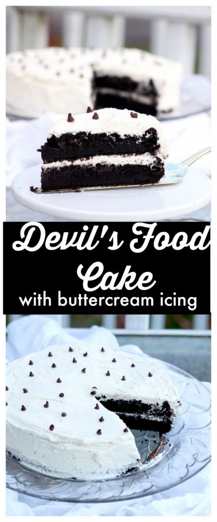Devil's Food Cake with Buttercream Icing - This rich and delicious chocolate cake is soft and the perfect go-to devil's food recipe. Sour cream, butter, cocoa make this homemade cake irresistible!
