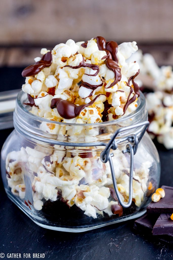 Chocolate Drizzled Kettle Corn - Simple kettle corn drizzled with milk or dark chocolate for an easy snack. Great for gifting and snacking. Homemade in minutes.