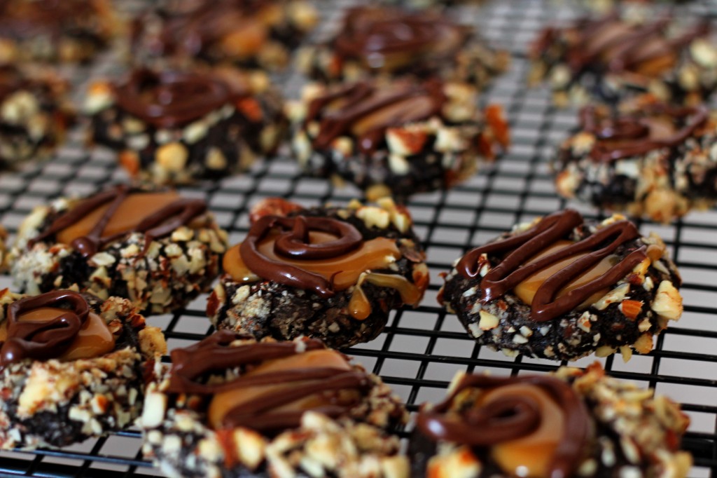 Dark chocolate caramel thumbprints with almonds | gatherforbread.com