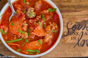 Pizza Soup loaded with sausage and pepperoni - This easy cheesy soup is made with pizza sauce and mozzarella cheese. Family friendly, low carb favorite for a quick meal!