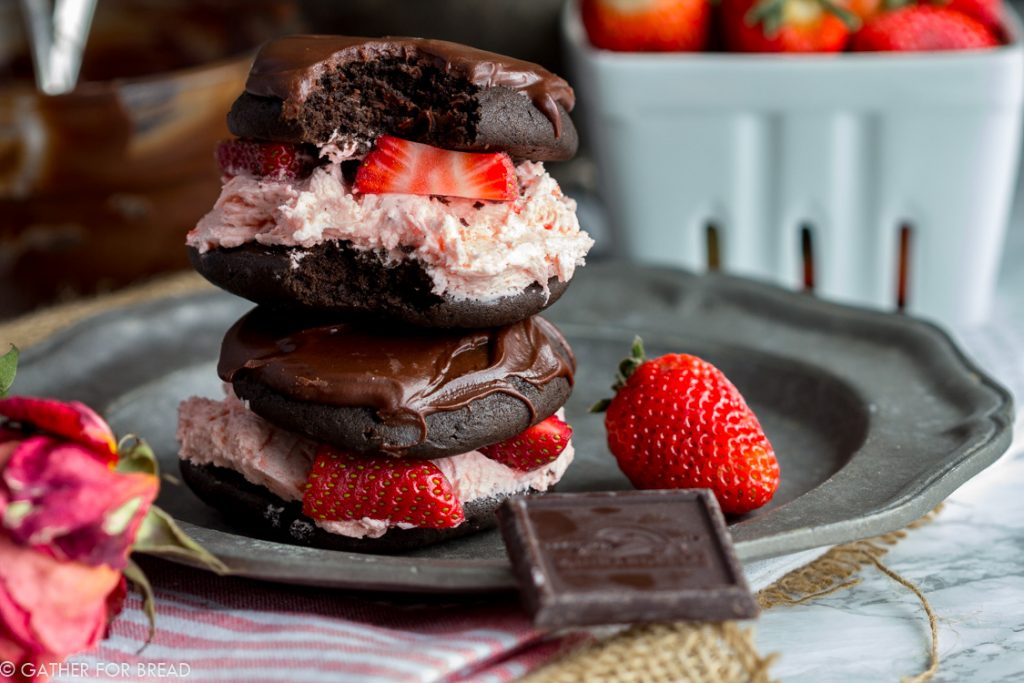 Chocolate Covered Strawberry Whoopie Pies - A perfect way to celebrate LOVE. These sandwich cookies are delicious and amazing! 