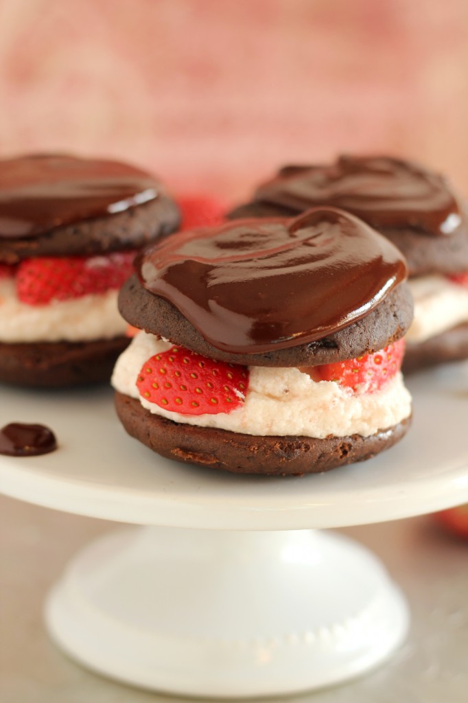 Chocolate covered strawberry whoopie pie | gatherforbread.com
