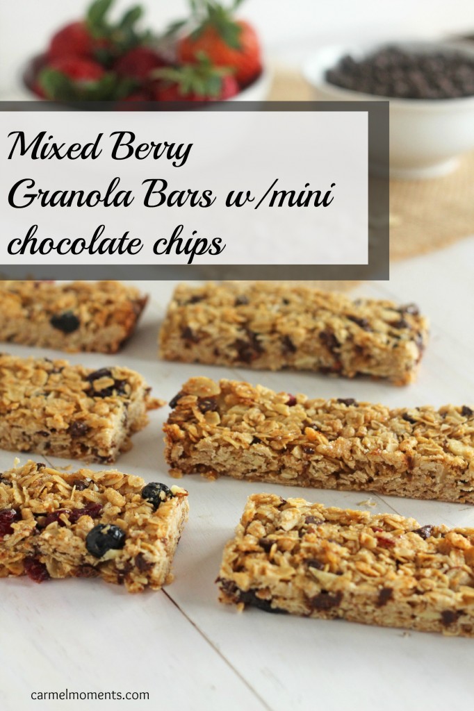 Mixed Berry Chocolate Chip Granola Bars | Carmel Moments | Delightful chewy granola bars chock full of berries and mini chocolate chips.