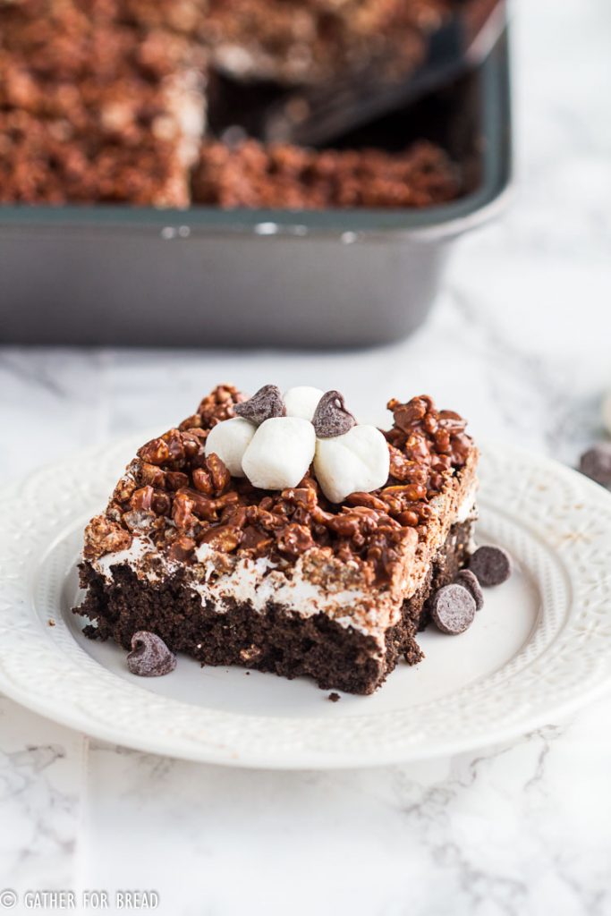 Chocolate Crunch Brownies - Brownies layered with marshmallow cream and chocolate peanut butter Krispies . Homemade killer crunch brownies are a family favorite.