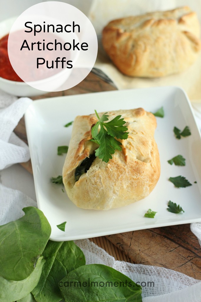 Crispy baked puffs of dough stuffed with your favorite cheesy spinach artichoke mixture.