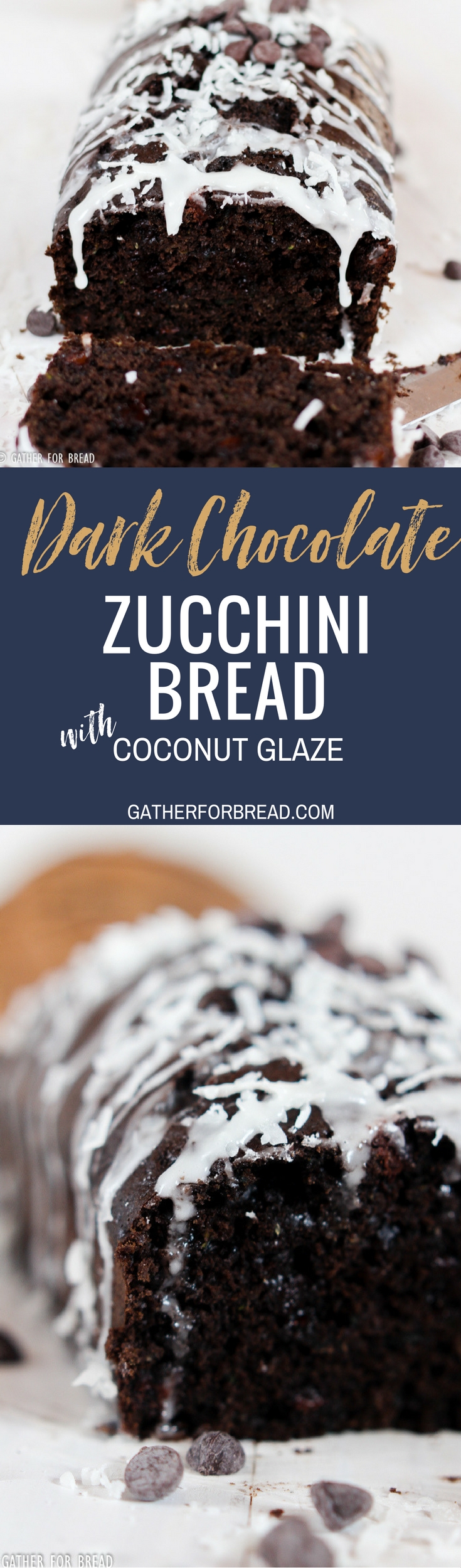 Dark Chocolate Zucchini Bread with Coconut Glaze - Recipe for moist chocolate zucchini quick bread topped with a coconut glaze. The recipe makes a sweet homemade loaf that's perfect for summer.