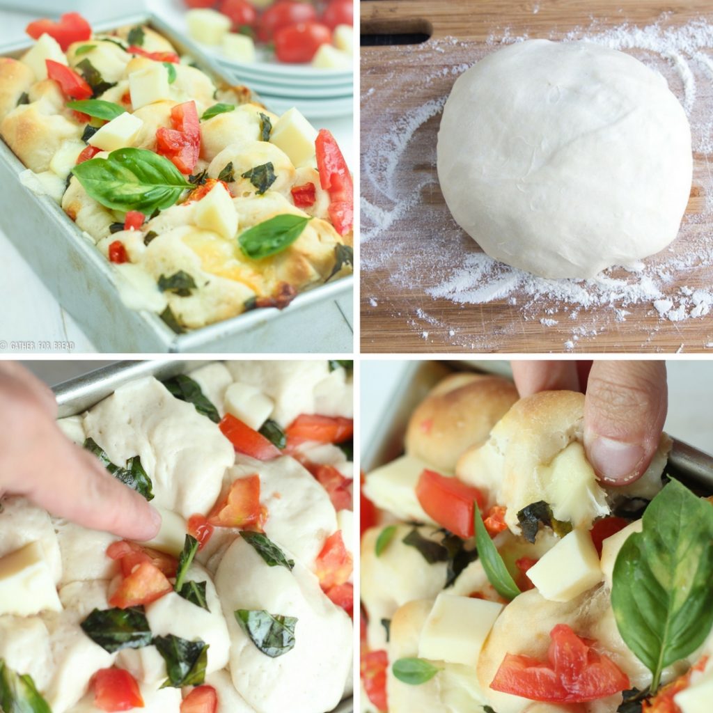 Pull Apart Caprese Bread - Pull apart bread yeast topped with delicious fresh tomatoes, mozzarella, and basil. Homemade dough, makes a great appetizer or starter.