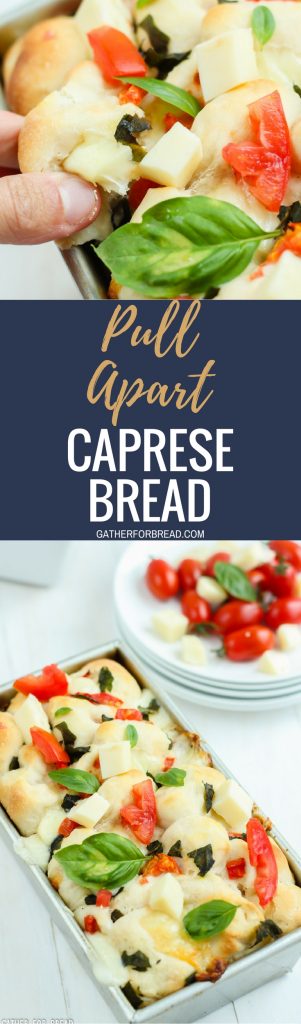 Pull Apart Caprese Bread - Pull apart yeast bread recipe stuffed with delicious fresh tomatoes, mozzarella, and basil. Homemade bite sized dough, perfect with salad or a great appetizer or starter.