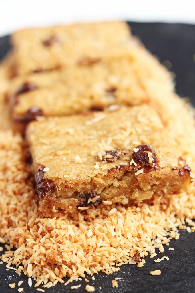 Congo Bars - Delicious chewy chocolate chip bars made sweet with toasted coconut. | gatherforbread.com 