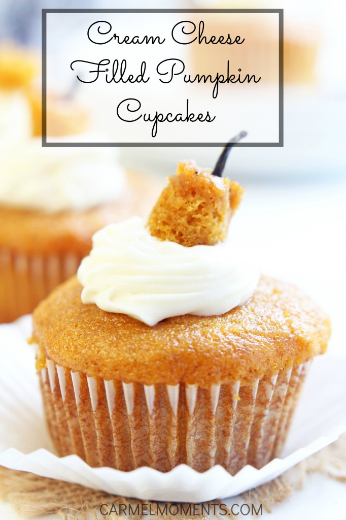 Festive Pumpkin Cupcakes with Cream Cheese Filling - Perfect for bake sales or after school treats!