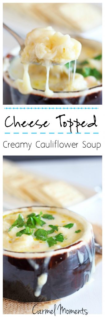 Cheese Topped Creamy Cauliflower Soup --Easy to follow creamy cauliflower soup topped with delicious Swiss | gatherforbread.com