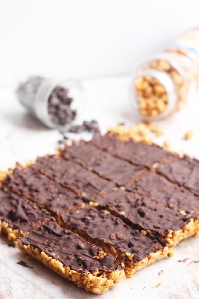 Nuts over Chocolate Bars --Peanut butter combined with krispies and chocolate to make delicious copycat Luna bars  | gatherforbread.com