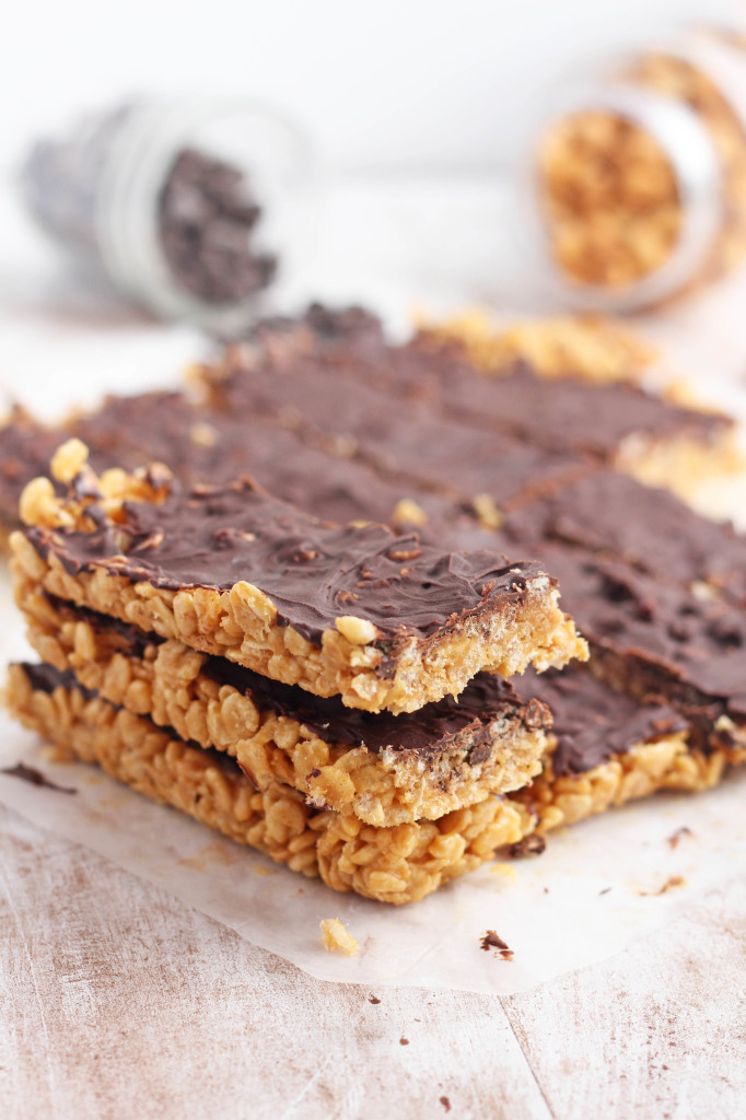 Nuts over Chocolate Bars --Peanut butter combined with krispies and chocolate to make delicious copycat Luna bars  | gatherforbread.com