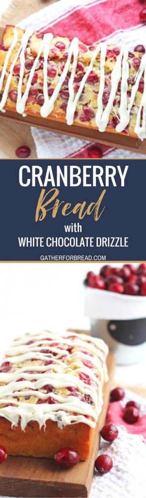 Cranberry Bread with White Chocolate Drizzle -  Moist delicious loaf studded with cranberries, topped with white chocolate glaze. Perfect bread for Christmas brunch or to give as gifts for the holidays.