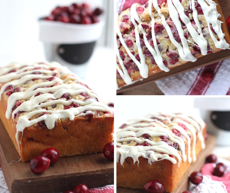 Cranberry Bread with White Chocolate Drizzle - Moist delicious loaf studded with cranberries, topped with white chocolate glaze. Perfect bread for Christmas brunch or to give as gifts for the holidays.