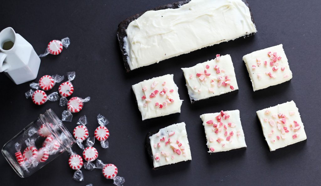 Peppermint Cream Cheese Frosted Brownies | gatherforbread.com