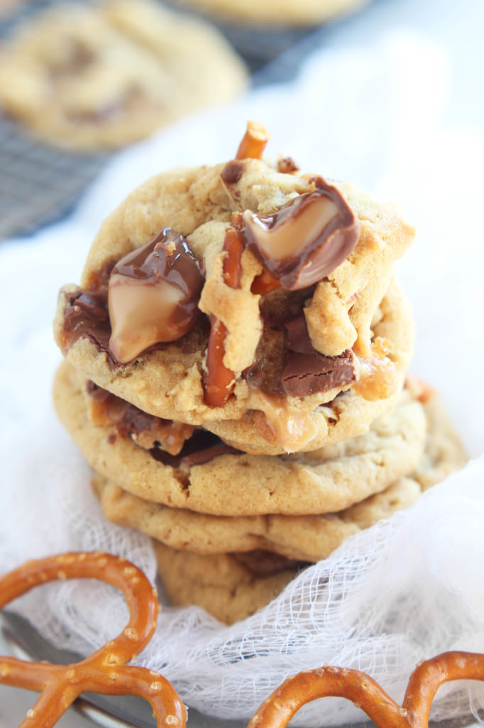 Take 5 Chocolate Caramel Pretzel Cookies --Everything delicious like the candy bar, chocolate, peanut butter, peanuts, caramel and chocolate. | gatherforbread.com