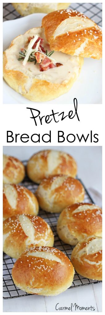 Crusty Pretzel Bread Bowls - Tender soft dough surrounded by a crispy shell, sprinkled with coarse salt. These pretzel bowls are perfect for your favorite soup.