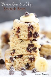 Skinny Banana Chocolate Chip Snack Bars - Amazing snack bars made lighter with Greek yogurt. Fabulous recipe whips up in just a few minutes. Perfect for ripened bananas!