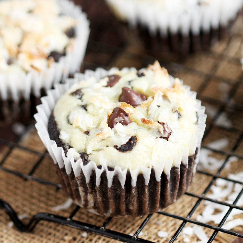 Coconut Chocolate Muffins - Moist and flavorful. Cream cheese adds richness, coffee adds flavor. Perfect for breakfast or dessert or anytime you're craving something sweet.