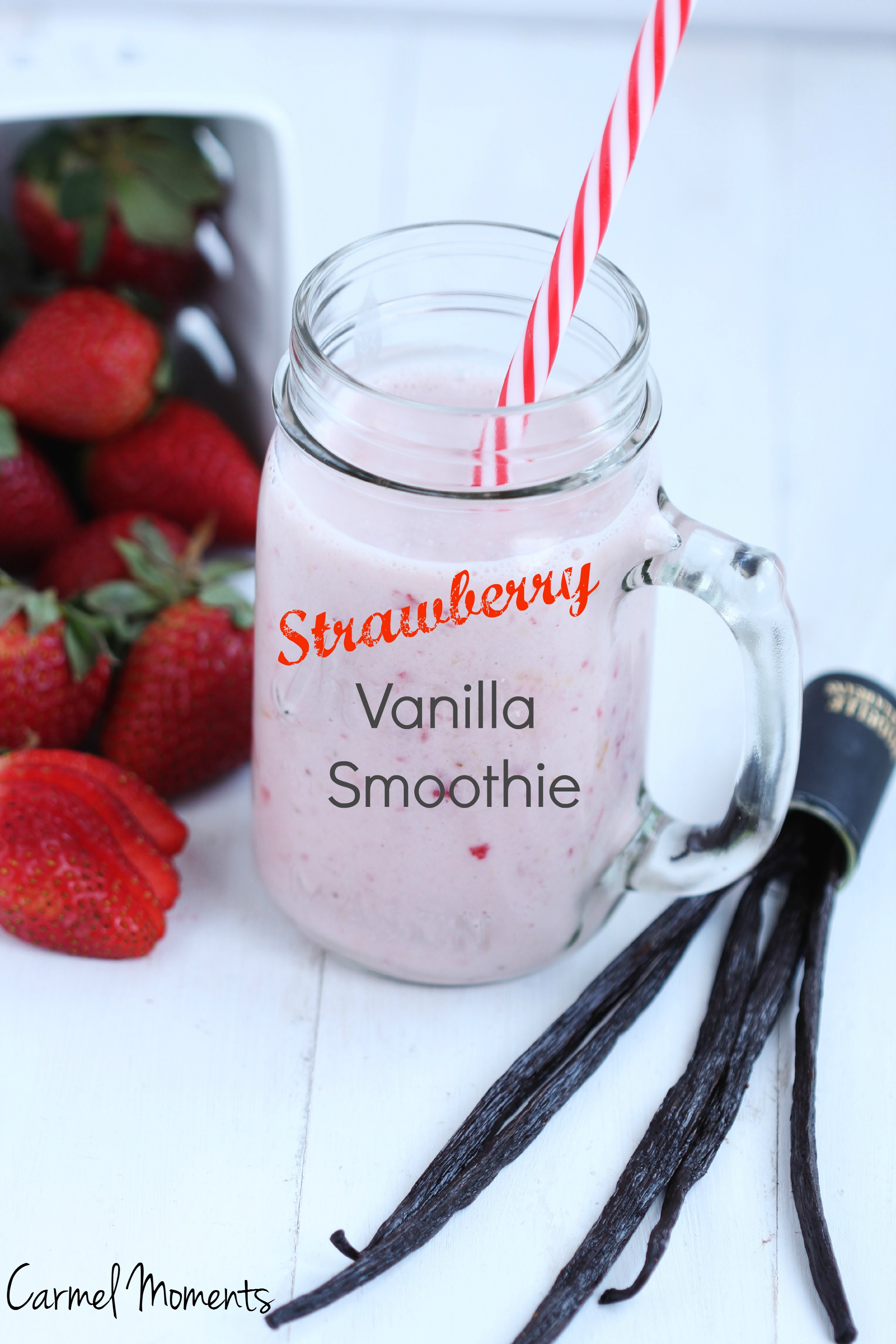 Strawberry Vanilla Smoothie - Creamy blend of yogurt, milk, frozen strawberries and a dash of vanilla. Delicious recipe for breakfast or snack. 5 ingredients. 5 minutes.
