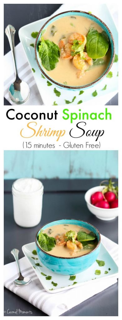 Coconut Spinach Shrimp Soup - Super simple and healthy soup made with coconut milk . Table ready in 15 minutes!