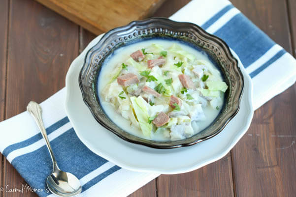 Creamy Corned Beef and Cabbage Soup - Delicious, smooth. Corned beef, potatoes cabbage makes perfect use of leftovers. One of the best chowder recipes I've made!