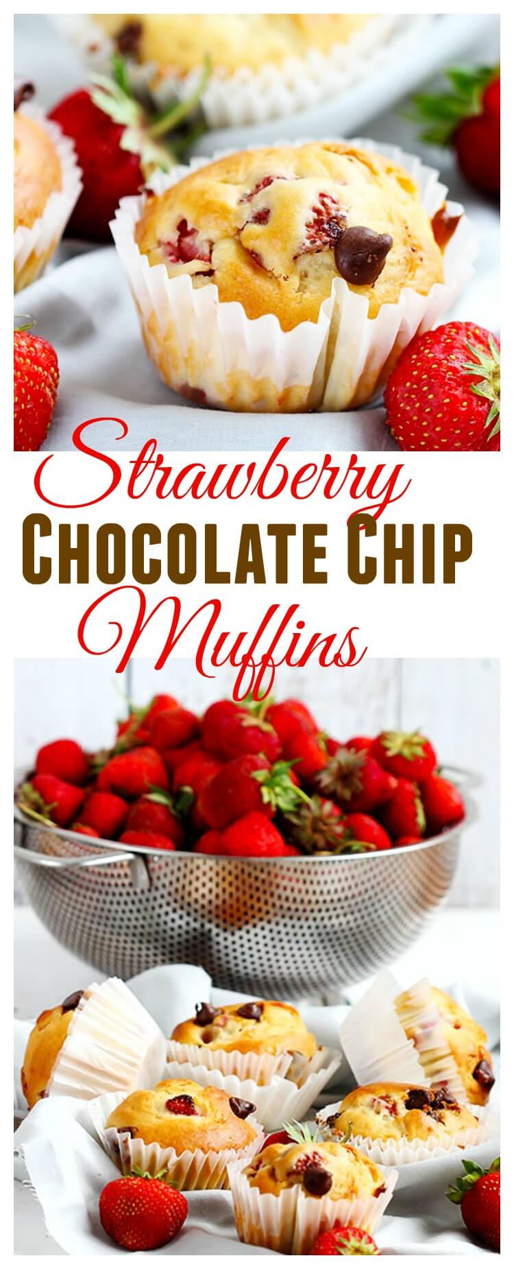 Strawberry Chocolate Chip Muffins - Fluffy, soft chocolate chip muffins studded with fresh strawberries. Perfect in season as breakfast or dessert. Made with Greek yogurt the whole family is sure to love these!