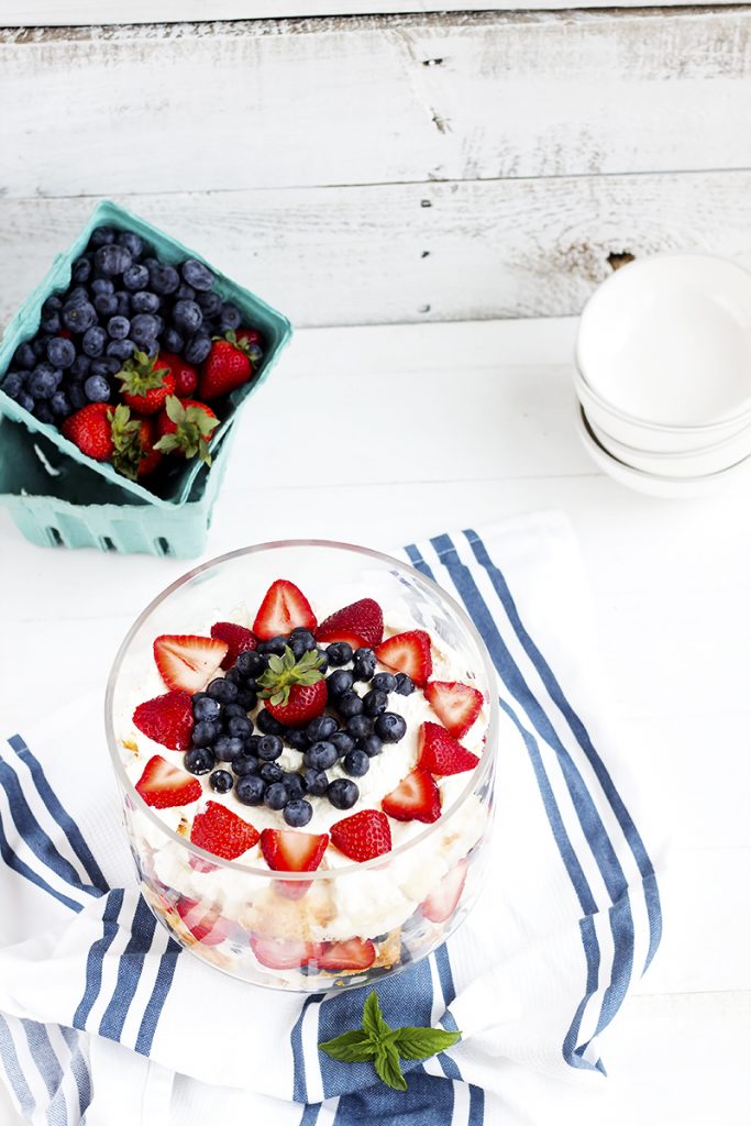 Berry Angel Food Cake Trifle - Angel food cake with fresh strawberries, blueberries and whipped cream makes a beautiful summer dessert with only 5 ingredients. Low sugar, whole real ingredients.