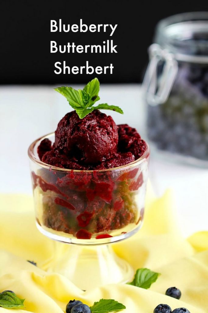 Delicious creamy sherbert made with fresh blueberries, buttermilk a hint of vanilla and topped with fresh mint for garnish. Perfect summer dessert to cool down.