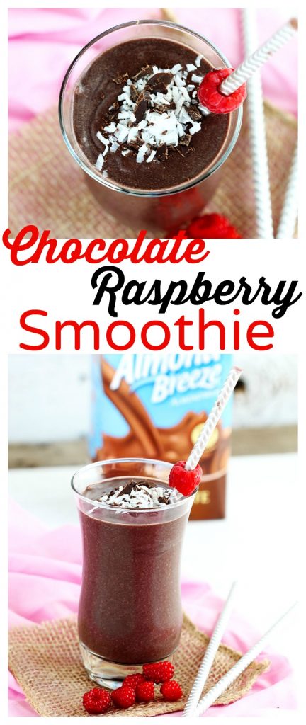 Chocolate Raspberry Smoothie - Delicious blend of frozen raspberries, cocoa, almond milk for a smooth, creamy kick start for your day. Top with fresh berries, coconut and chocolate.