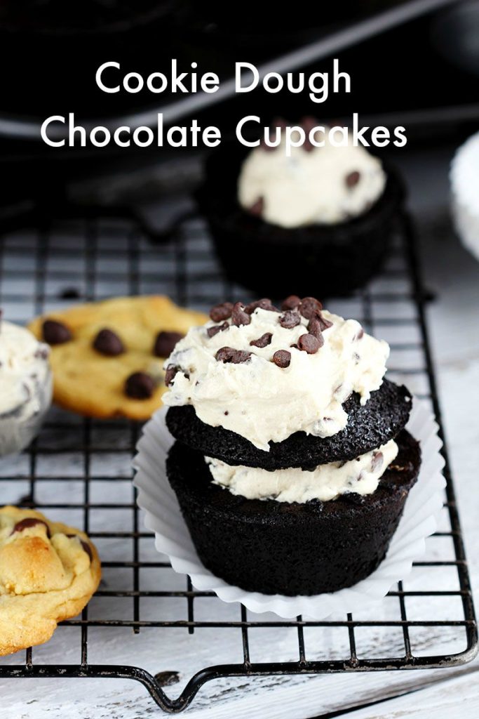  Cookie Dough Chocolate Cupcakes - Delicious moist chocolate cupcakes made with chopped chocolate; stuffed, and topped with chocolate chip cookie dough frosting.