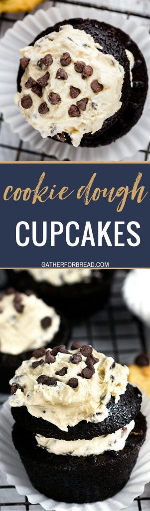 Cookie Dough Chocolate Cupcakes  - Homemade recipe for chocolate cupcakes stuffed with chocolate chip cookie dough frosting. Ultimate cupcake lover's favorite.