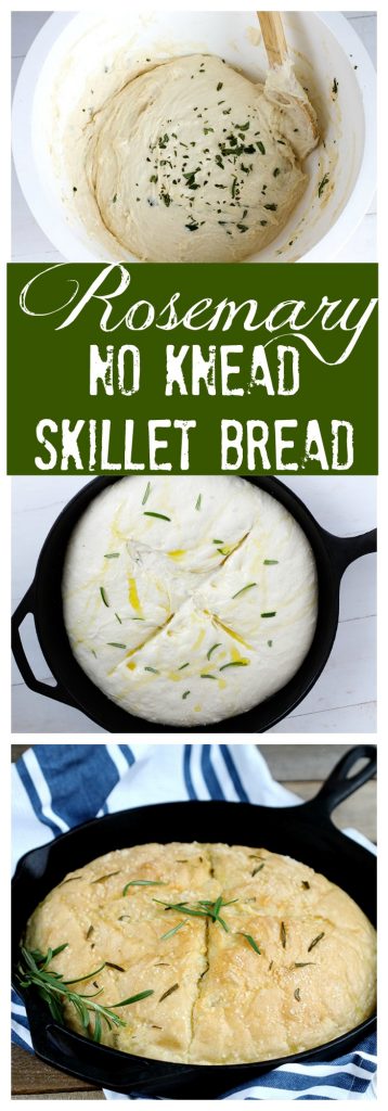 Rosemary No Knead Skillet Bread - Delicious and easy, this loaf bakes up quickly. Fresh, simple olive oil, rosemary and seasoning for the perfect rise and bake yeast bread in a skillet.