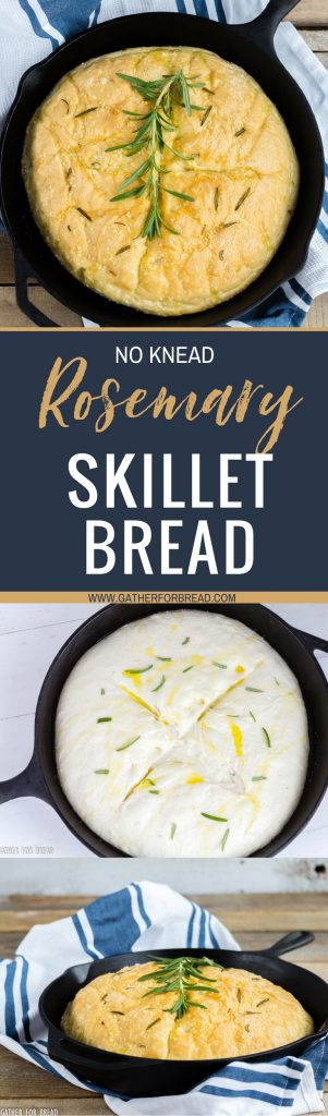 Rosemary No Knead Skillet Bread - Delicious and easy, this loaf bakes up quickly. Fresh, simple - olive oil, rosemary, and seasoning for the perfect rise yeast bread in a skillet.