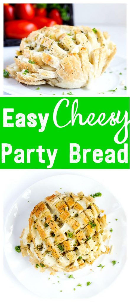 Easy Cheesy Party Bread - Garlic, buttery, pull apart mozzarella, this cheesy bread is the perfect easy appetizer for parties, game time and summer picnics. Simple fun and tasty!