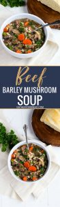 Beef Barley Mushroom Soup - Easy beef broth based soup chock full of diced beef roast, grains and vegetables. Barley and mushroom flavors together are amazing. Comfort food in a bowl. Serve with a salad and bread for a complete meal.