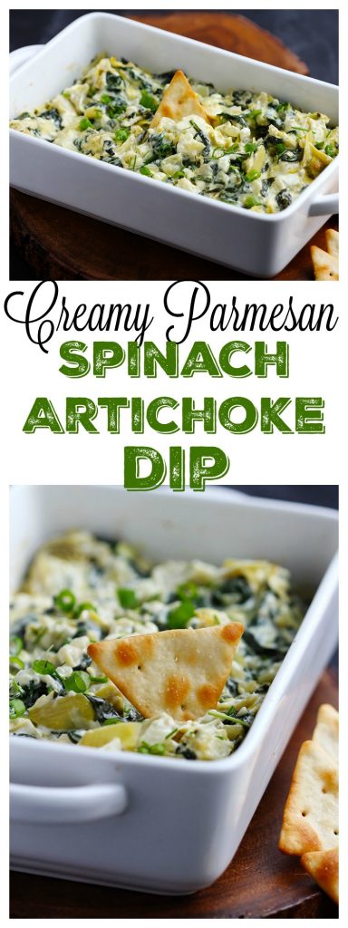 Creamy Parmesan Spinach Artichoke Dip A classic party dip, baked spinach and artichoke dip is made from scratch, using fresh ingredients, #partydip #hotdip #spinach #gameday #artichokedip