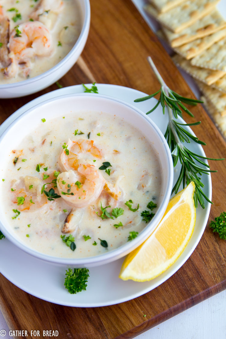 Creamy Seafood Chowder - Chunky seafood chowder with real cream, shrimp, scallops and crab. No potatoes or fillers, just good seafood, hearty perfect flavor.