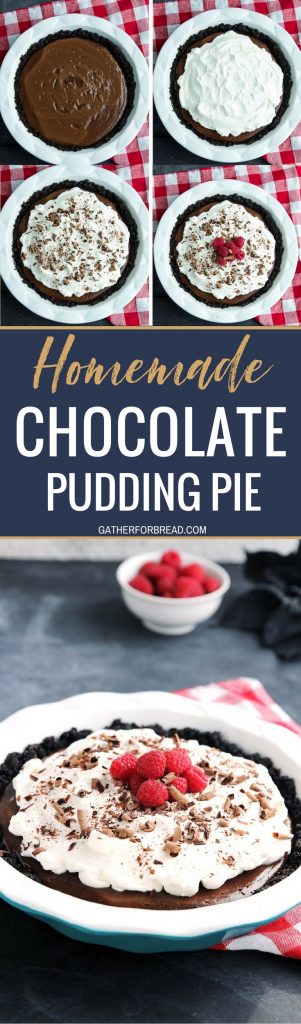 Homemade Chocolate Pudding Pie – All from scratch chocolate pudding pie in a chocolate wafer crust. Made with fresh ingredients like real milk and cream you’re sure to never want store bought pie again! #chocolate #homemade #dessert #pie #pudding