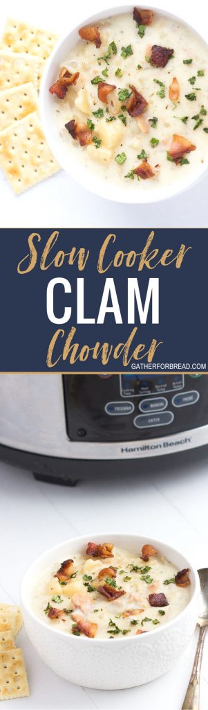 Slow Cooker Clam Chowder - New England clam chowder crockpot recipe. Seafood fans will love this easy creamy homemade soup. Top with bacon for a perfect meal. Comfort food for those chilly days. Serve with bread and salad for a full meal.