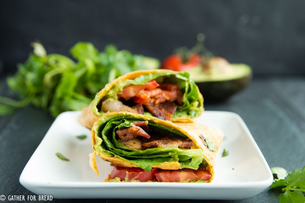 BLT Avocado Wrap - Easy , 5 ingredients guacamole blt wrap. My favorite! | gatherforbread.com
