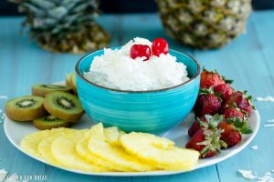 Pina Colada Fruit Dip - Delicious creamy pina colada dip. Whips up with 4 easy ingredients. Made in minutes, perfect for dipping with fruits; strawberries, pineapple and kiwi.