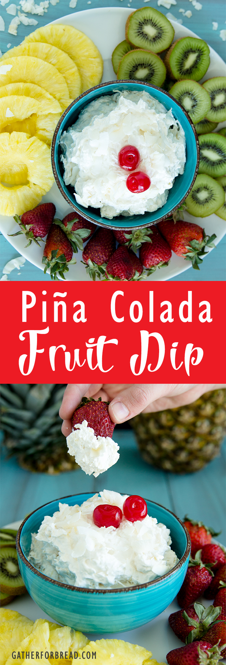 Pina Colada Fruit Dip - Delicious creamy pina colada dip. Whips up with 4 easy ingredients. Made in minutes, perfect for dipping with fruits; strawberries, pineapple and kiwi.