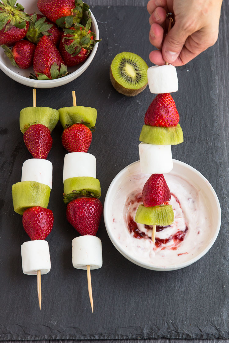 Strawberry Kiwi Kabobs - Simple, snack made in minutes with fresh strawberries, kiwi marshmallows. Easy fun, snack paired with Strawberry Greek yogurt dip