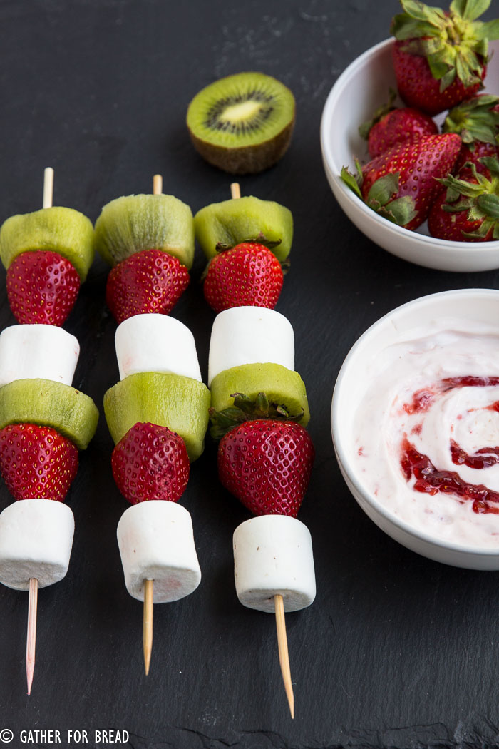 Strawberry Kiwi Kabobs - Simple, snack made in minutes with fresh strawberries, kiwi marshmallows. Easy fun, snack paired with Strawberry Greek yogurt dip.