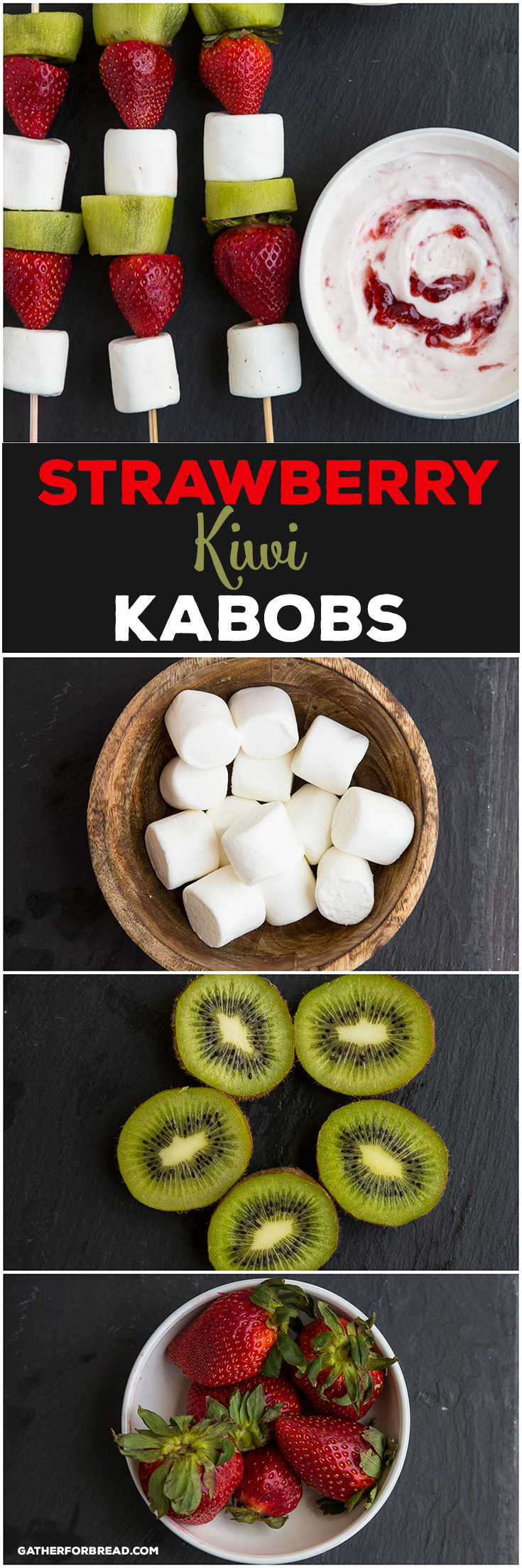 Strawberry Kiwi Kabobs - Simple, snack made in minutes with fresh strawberries, kiwi marshmallows. Easy fun, snack paired with Strawberry Greek yogurt dip. | gatherforbread.com